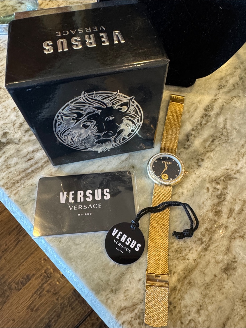 Versus Versace Gold Mesh Bracelet Watch with Black Dial and Crystal Bezel